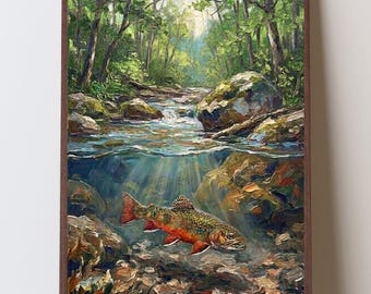 Stampa artistica impressionista di una trota di torrente, regalo per appassionati di pesca a mosca per papà o marito, decorazione con animali selvatici di un ruscello di montagna