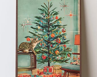 Retro Christmas Cat Wall Art, Mid Century Holiday Decor, Vintage Christmas Tree Scene, Nostalgic Holiday Digital Download