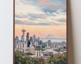 Seattle Skyline Art Print, Mount Rainier Wall Art, Seattle Washington Cityscape, Pacific Northwest Decor, Seattle Gift