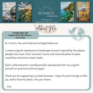 May include: A promotional graphic for SunSignCollective featuring four landscape paintings at the top, including a coastal scene, mountain range, rocky shoreline, and autumn forest. The text reads About Me, SunSignCollective, and Landscape Art.
