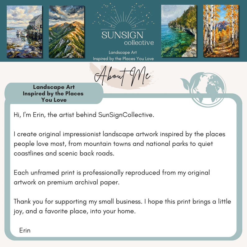 May include: A promotional graphic for SunSignCollective featuring four landscape paintings at the top, including a coastal scene, mountain range, rocky shoreline, and autumn forest. The text reads About Me, SunSignCollective, and Landscape Art.