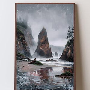 May include: A framed landscape painting depicts a coastal scene with a large rock formation in the center. The artwork features a muted color palette of grays, browns, and greens, with a misty atmosphere and a reflective pool in the foreground.