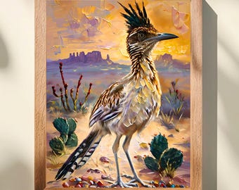 Roadrunner Wall Art, Desert Wildlife Art, Arizona Sunset Bird Print, Southwest Nature Decor, Impasto Sonoran Desert Artwork