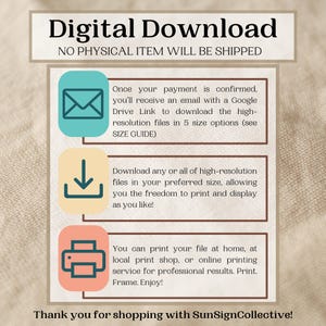May include: A digital download information graphic with the text Digital Download, No Physical Item Will Be Shipped, and instructions for receiving files via Google Drive, printing options, and a thank you to SunSignCollective at the bottom.