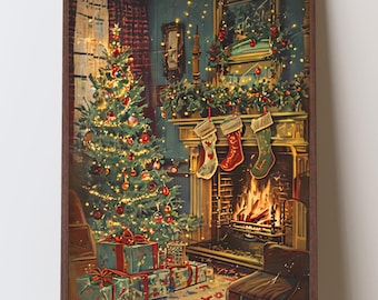 Decorazione murale ispirata a un catalogo natalizio vintage, con accogliente camino festivo e albero di Natale in stile moderno di metà secolo, download digitale nostalgico per le festività.