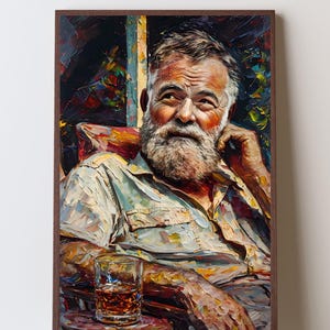 May include: A framed portrait of a man with a white beard, wearing a light green shirt, and holding a glass of amber liquid. The artwork features a textured, impressionistic style with a dark background and a wooden frame.