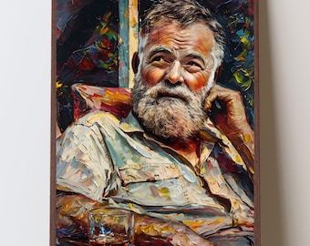 Ernest Hemingway in Deep Thought Portrait, Whiskey Drinker Wall Art, Key West Decor, Bar Art, Gift for Writers and Readers