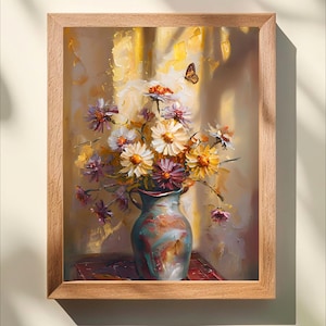 September Birth Flower Impasto Artwork - Vibrant Aster Print for Cozy Home Decor, Fall Floral Vase Painting, Gift for Her