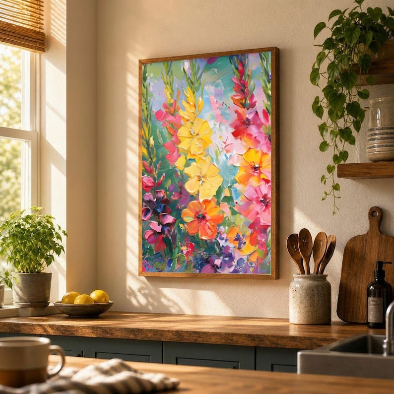 Pu&ograve; includere: Un dipinto floreale incorniciato con fiori vibranti nei toni del giallo, rosa, rosso e viola. L'opera d'arte &egrave; esposta in un ambiente cucina, con un piano di lavoro in legno e una finestra sullo sfondo. Le dimensioni del dipinto non sono visibili.