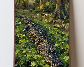 Stampa artistica impressionista di un alligatore del bayou, decorazione murale con alligatore, arredamento in stile palude del sud, arte murale con animali selvatici, arte naturalistica maschile
