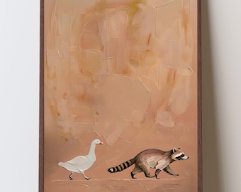 Impressão "Parceiros no Crime: Ganso e Guaxinim", Decoração de Arte para Apartamento, Amigos Animais Divertidos, Arte de Parede Inusitada, Arte Minimalista