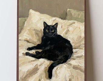 Black Cat on Bed Art Print, Funny Black Cat Mom Gift, Black Cat Adoption Gift, Black Cat Rescue Decor