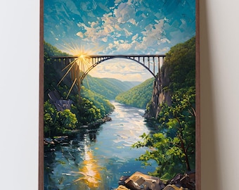 New River Gorge Bridge West Virginia Art, Appalachian Mountain Home Artwork, River Valley Sunrise