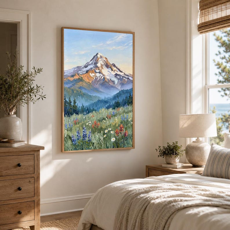 Pu&ograve; includere: Una stampa artistica da parete verticale incorniciata che raffigura una vetta di montagna innevata che si erge sopra una fitta foresta e un prato vibrante pieno di fiori selvatici colorati, tra cui lupini blu e castilleja rossa.
