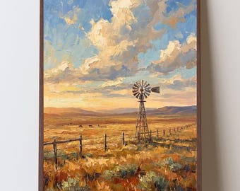 Texas Ranch Art Print, Windmill Landscape, Western Texas Wall Art, Ranch House Decor