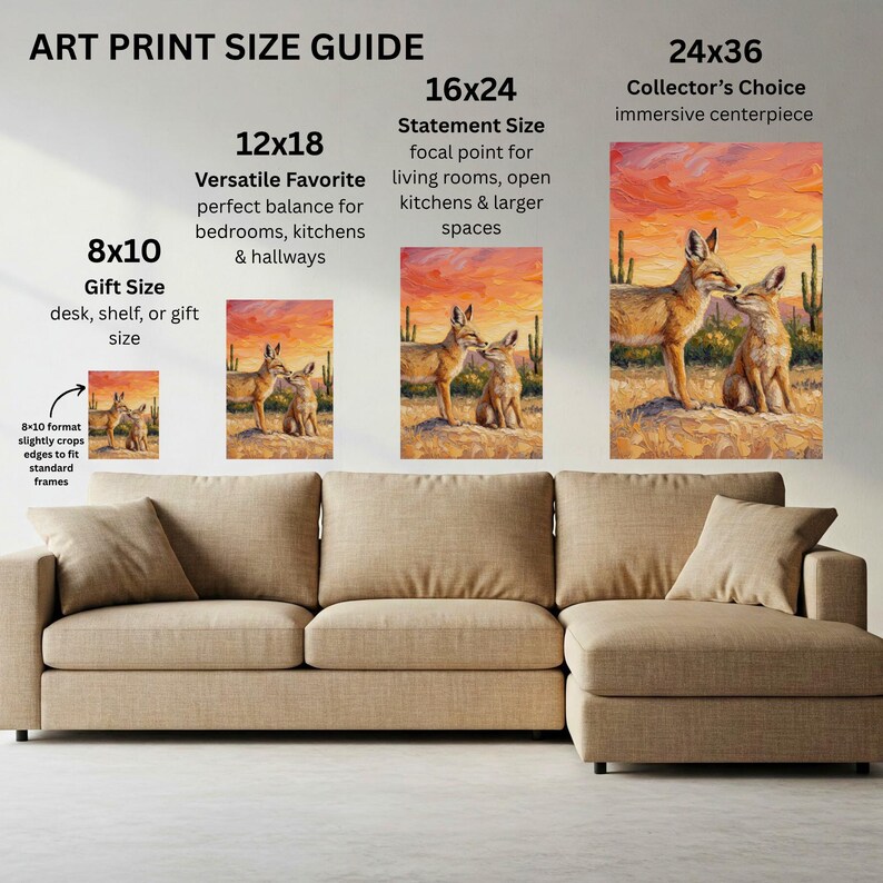 May include: An art print size guide displaying four coyote paintings in sizes 8x10, 12x18, 16x24, and 24x36 inches. The prints feature two coyotes in a desert landscape at sunset. The guide includes text labels for each size and a note about cropping.