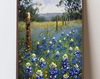 Texas Bluebonnets Fence Line Art, Hill Country Roadside Wildflowers, Rustic Texas Landscape Print
