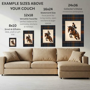 May include: Four rectangular wall art prints featuring a rider on a jumping horse, displayed in sizes 8x10, 12x18, 16x24, and 24x36 inches. Each print has a dark blue and orange plaid border surrounding a central image of a horse and rider.