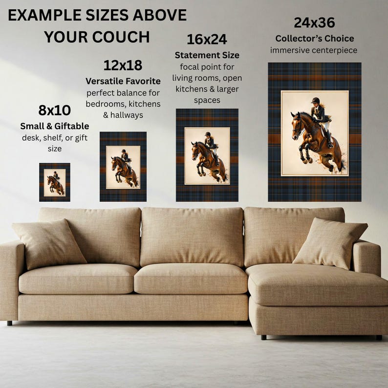 May include: Four rectangular wall art prints featuring a rider on a jumping horse, displayed in sizes 8x10, 12x18, 16x24, and 24x36 inches. Each print has a dark blue and orange plaid border surrounding a central image of a horse and rider.
