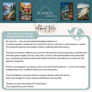 May include: A digital banner for SunSign Collective featuring four impasto-style landscape paintings at the top. The text includes 'SUNSIGN collective', 'Small Batch Impasto Art', 'About Me', and a personal artist statement from Erin about eco-conscious art.