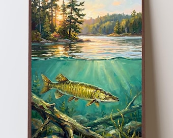 Stampa artistica di luccio muschiato, decorazione murale per la pesca al lago, arredamento per baita sul lago, regalo per pescatore