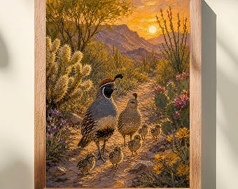 Desert Quail Family Art Print, Southwestern Bird Wall Art, Quail Family with Chicks and Cactus, Arizona Desert Sunset, Wildlife Home Decor