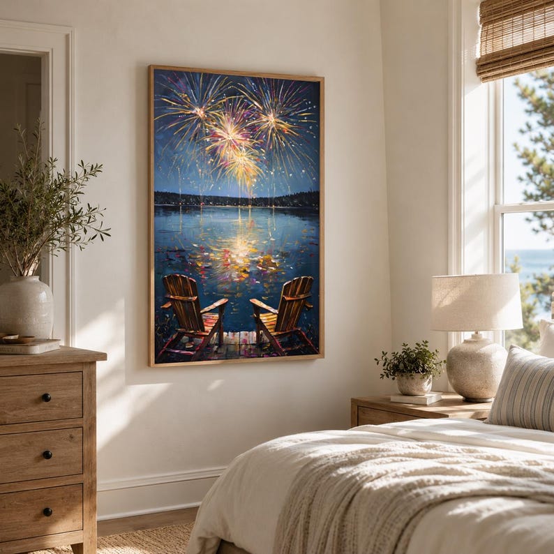 May include: A rectangular framed wall art print depicting two wooden Adirondack chairs on a dock overlooking a dark lake at night. Above the water, vibrant yellow, orange, and purple fireworks explode in the sky, reflecting on the lake surface.