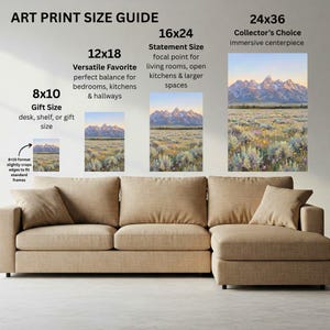 May include: An art print size guide displaying four landscape prints of mountains and wildflowers in sizes 8x10, 12x18, 16x24, and 24x36 inches. The text labels include Gift Size, Versatile Favorite, Statement Size, and Collector's Choice.