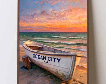 Impresión de playa de Ocean City, Nueva Jersey, arte mural nostálgico de la costa de Jersey, antiguo barco salvavidas al atardecer, decoración costera retro