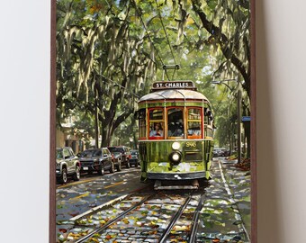 New Orleans Streetcar Art Print, St. Charles Avenue, Southern Decor, NOLA Vintage Green Trolley Print