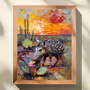 Javelina Art Print, Sonoran Desert Art, Collared Peccary and Prickly Pear Art Print, Arizona Desert Sunset, Southwest Home Decor
