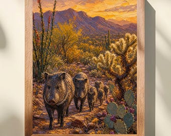Javelina Family Art Print, Sonoran Desert Wildlife Art, Collared Peccary Mom and Babies, Arizona Desert Animals, Southwest Wall Decor