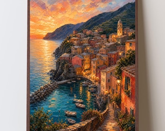 Cinque Terre Sunset Wall Art, Riomaggiore Italy Print, Italian Coast Artwork, Europecore Art