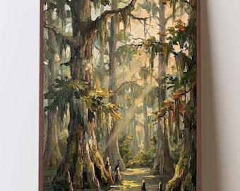 May include: An oil painting in a dark wood frame depicting a swamp landscape with tall cypress trees draped in Spanish moss. Sunlight filters through the dense canopy, illuminating the dark water and cypress knees below.