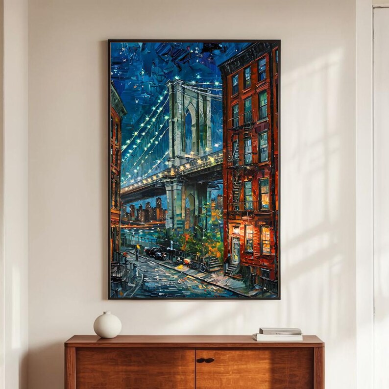 May include: An oil painting of the Brooklyn Bridge at night. The artwork features the bridge illuminated with lights, flanked by buildings with warm, inviting lights. The color palette includes blues, oranges, and greens, creating a vibrant cityscape scene.