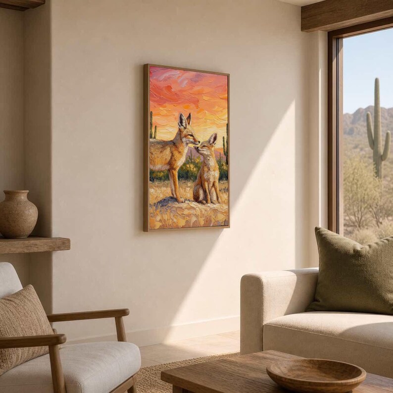 May include: A rectangular wall art print featuring an oil painting of two coyotes standing in a desert landscape. The scene depicts a vibrant orange and yellow sunset sky, tall green saguaro cacti, and textured brushstrokes of tan earth.