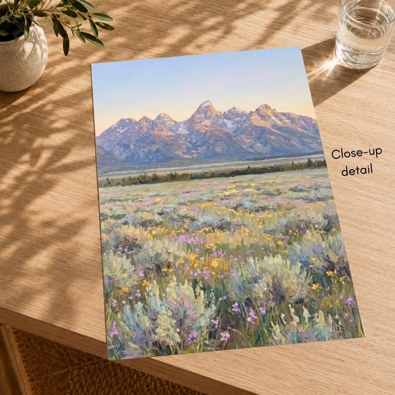May include: A rectangular art print featuring a landscape painting of a mountain range under a soft sky, with a foreground filled with sagebrush and scattered yellow and purple wildflowers. The text Close-up detail is printed on the right side.