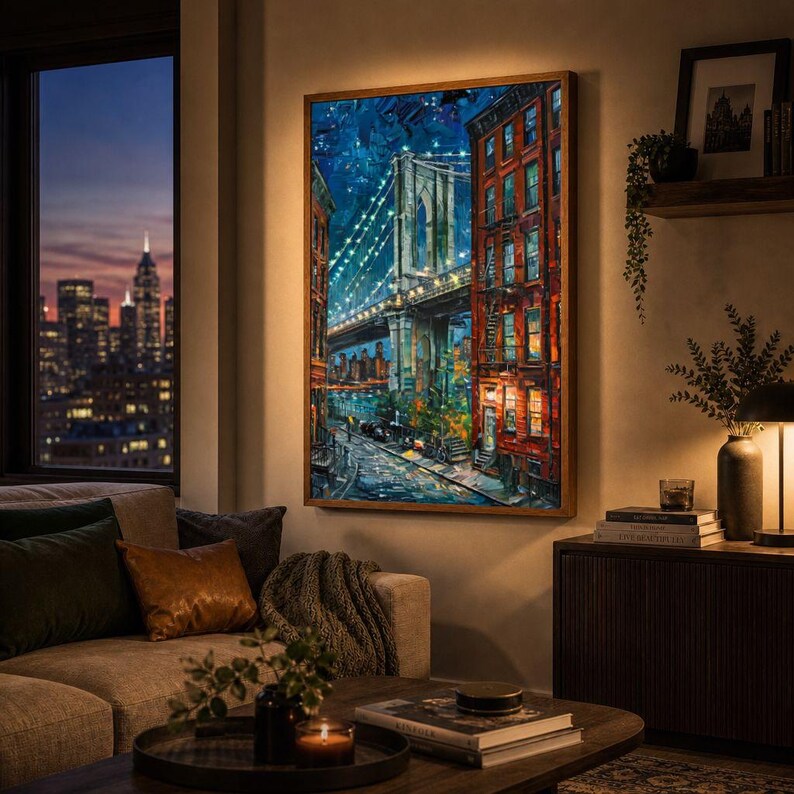 May include: A framed painting of the Brooklyn Bridge at night, with city buildings and streetlights. The artwork features a vibrant color palette of blues, reds, and yellows, creating a warm and inviting atmosphere. The painting is displayed in a living room setting.