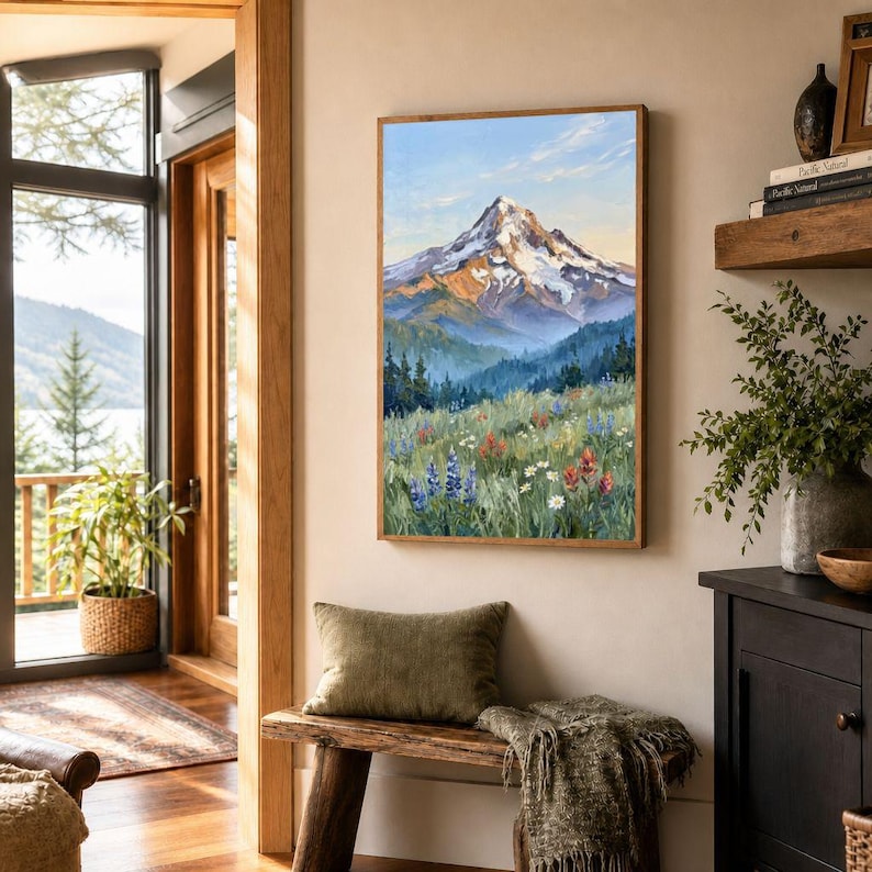 Pu&ograve; includere: Una stampa artistica da parete verticale che presenta un dipinto a olio di una cima di montagna innevata sopra una valle lussureggiante. Il primo piano mostra un prato vibrante pieno di fiori selvatici colorati, inclusi lupini viola.