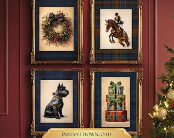 Set de 6 láminas navideñas ecuestres vintage + obsequio, decoración navideña de herencia inspirada en el estilo Ralph Lauren, descarga digital de arte de colección