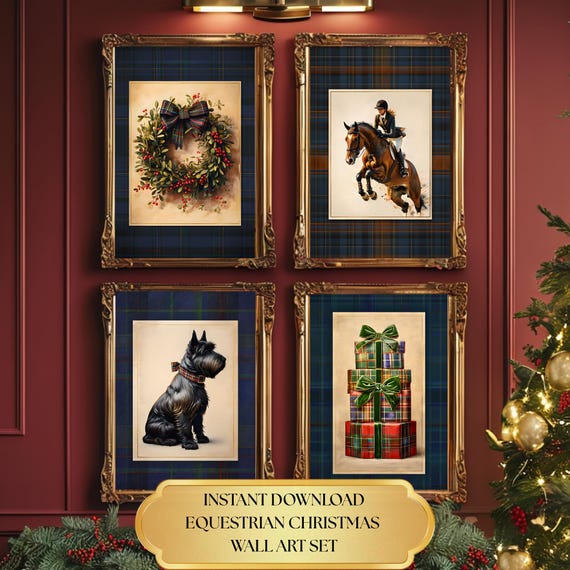 Vintage Equestrian Christmas Wall Art Set of 6 + Bonus, Heritage Holiday Decor Inspired by Ralph Lauren Style, Estate Art Digital Download