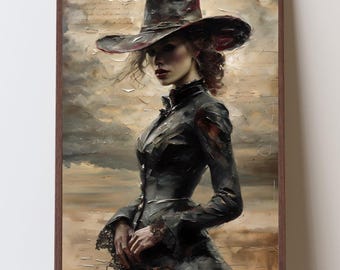 Western Gothic Dark Cowgirl Wall Art, Vintage Victorian Gunslinger Portrait, Moody Feminine Strength Decor