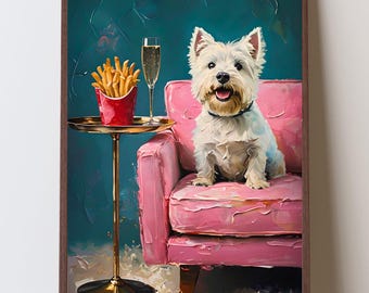 Lustiger Westie und Champagner Hund Kunstdruck, bezauberndes Küchendekor