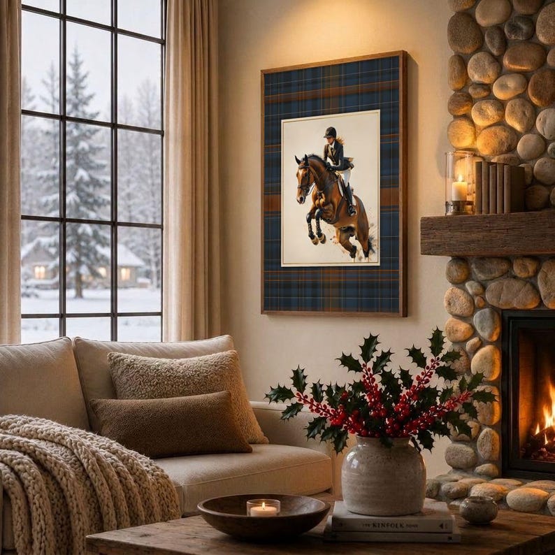 May include: A framed wall art piece featuring a brown horse jumping with a rider in equestrian gear, set against a blue and brown plaid background. The artwork is displayed on a wall next to a stone fireplace and a window with a snowy view.