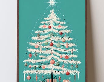 Retro White Christmas Tree Print, Mid-Century Holiday Wall Art, Teal and Pink Christmas Decor, Nostalgic Winter Digital Download