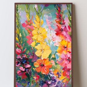 Pu&ograve; includere: Dipinto floreale incorniciato con una vibrante esposizione di fiori colorati. L'opera presenta una variet&agrave; di fiori nelle tonalit&agrave; del giallo, arancione, rosa e viola, su uno sfondo verde e blu. Il dipinto &egrave; racchiuso in una cornice di legno marrone.