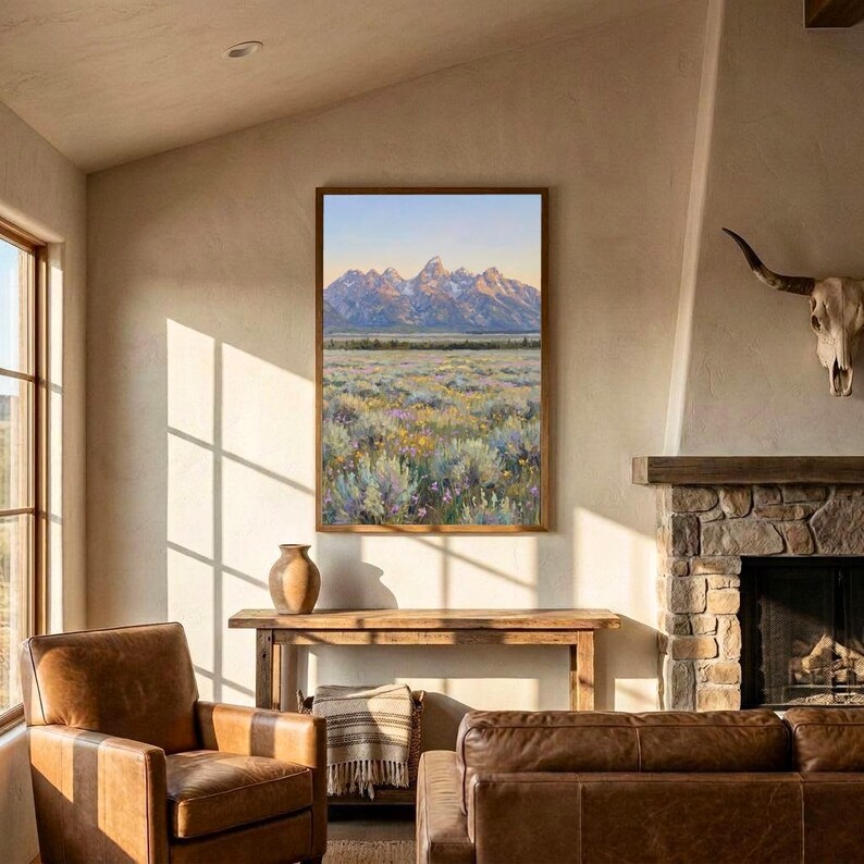 May include: A framed landscape painting depicting a mountain range with snow-capped peaks under a soft sky, overlooking a vast field of sagebrush and wildflowers in shades of green, yellow, and purple, displayed on a light-colored wall.