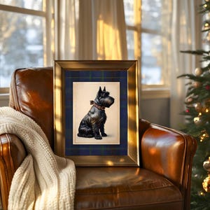 May include: A framed art print featuring a black Scottish Terrier dog wearing a red and green plaid collar. The print is set against a dark blue and green tartan background, enclosed within a metallic gold frame with a polished finish.
