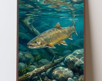 Stampa artistica impressionista di trota toro, arte naturalistica con trote autoctone, arte murale per la pesca a mosca sul fiume