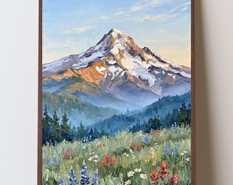 Stampa artistica impressionista di fiori selvatici del Monte Hood, decorazione murale delle montagne Cascade, arredamento naturalistico del Pacifico nord-occidentale, fiori primaverili del PNW